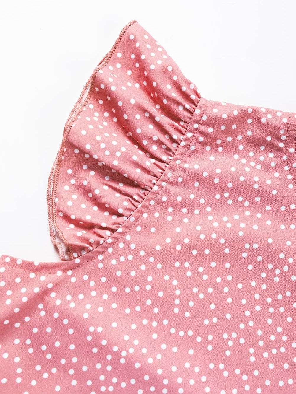 Pink Polka Dot Flutter Sleeve Frilled Neck Elegant Blouse