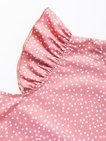Pink Polka Dot Flutter Sleeve Frilled Neck Elegant Blouse