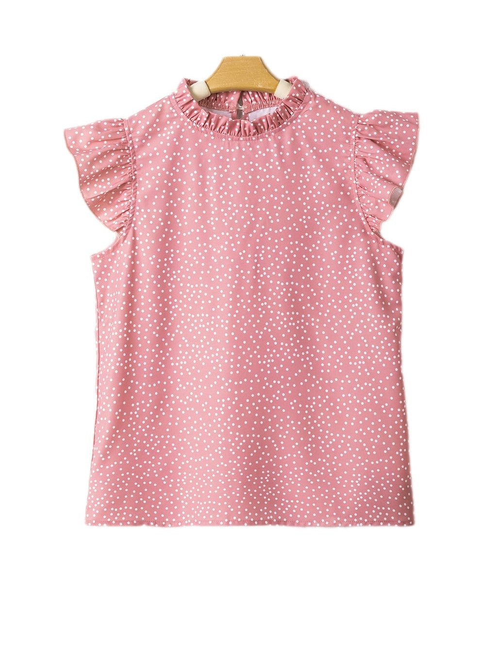 Pink Polka Dot Flutter Sleeve Frilled Neck Elegant Blouse