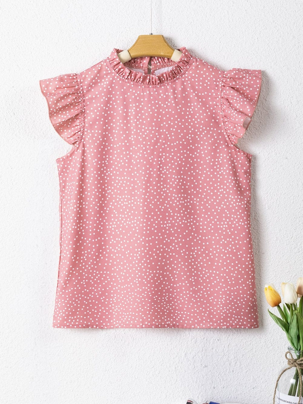 Pink Polka Dot Flutter Sleeve Frilled Neck Elegant Blouse