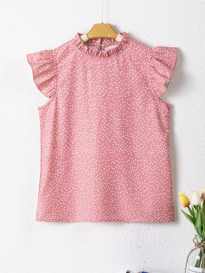 Pink Polka Dot Flutter Sleeve Frilled Neck Elegant Blouse