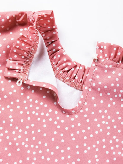 Pink Polka Dot Flutter Sleeve Frilled Neck Elegant Blouse