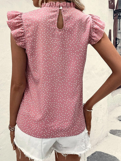 Pink Polka Dot Flutter Sleeve Frilled Neck Elegant Blouse