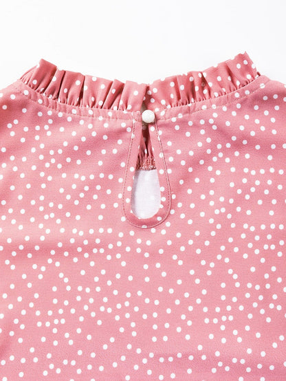 Pink Polka Dot Flutter Sleeve Frilled Neck Elegant Blouse
