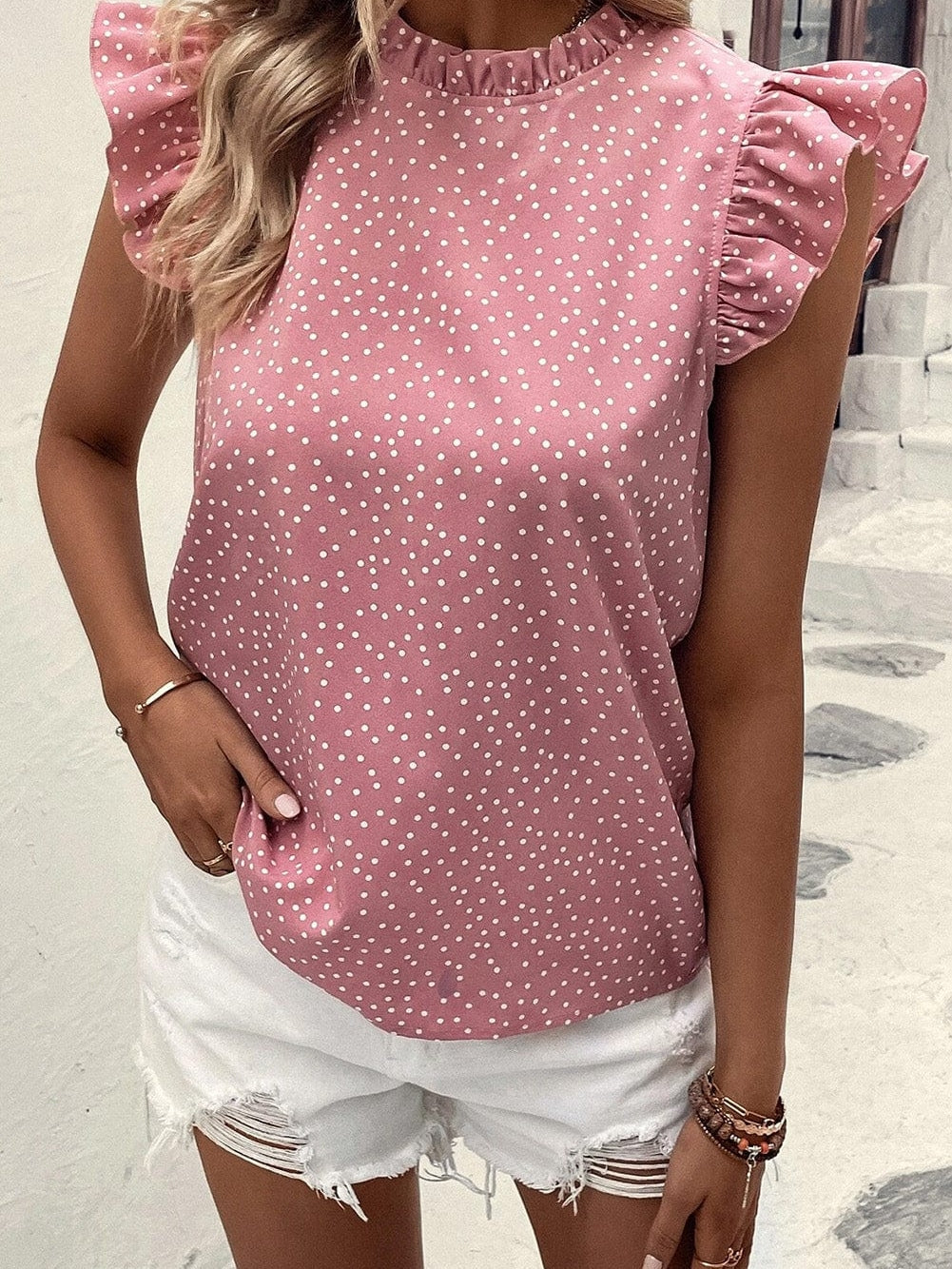 Pink Polka Dot Flutter Sleeve Frilled Neck Elegant Blouse