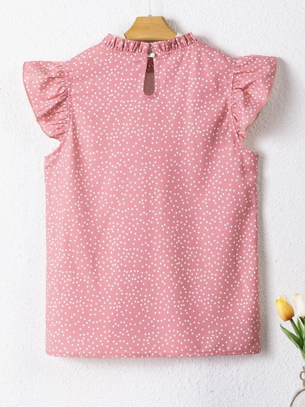 Pink Polka Dot Flutter Sleeve Frilled Neck Elegant Blouse