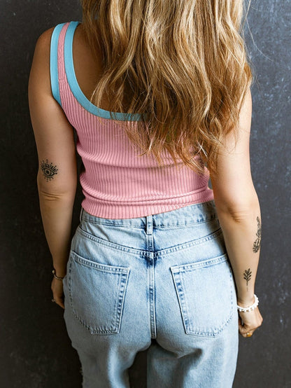 Pink Ribbed Knit U Neck Sleeveless Tank Top