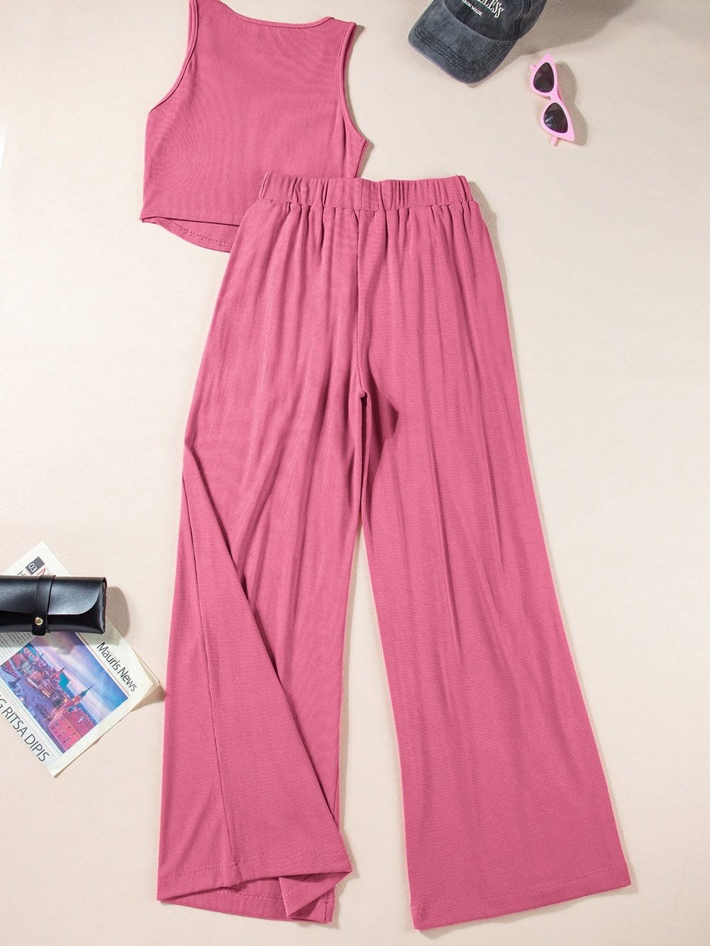 Pink Ribbed Sleeveless Crop Top and Wide Leg Pants Set