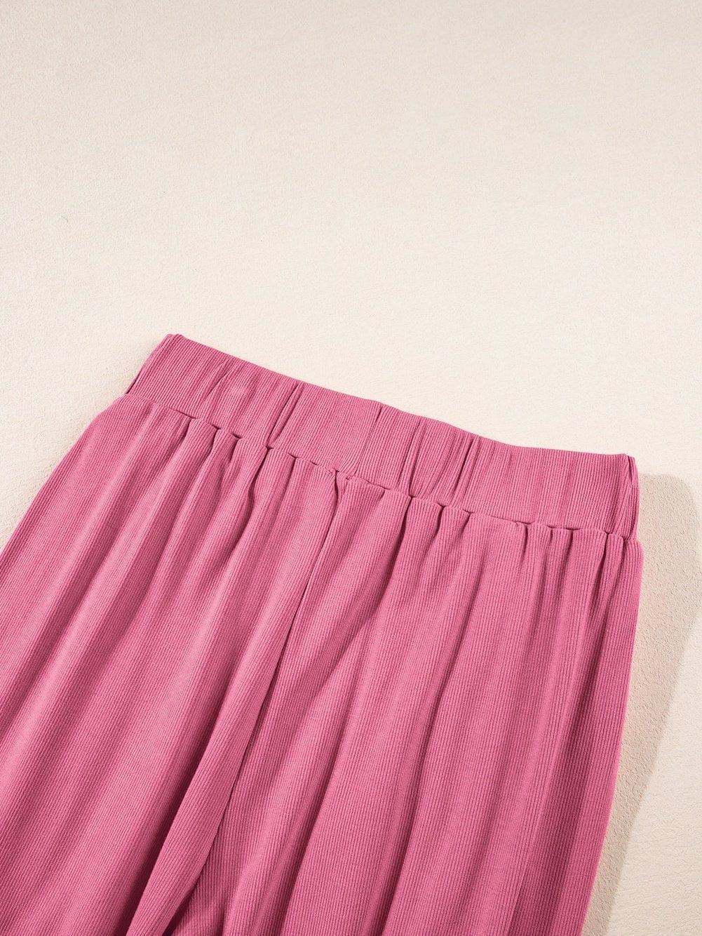 Pink Ribbed Sleeveless Crop Top and Wide Leg Pants Set