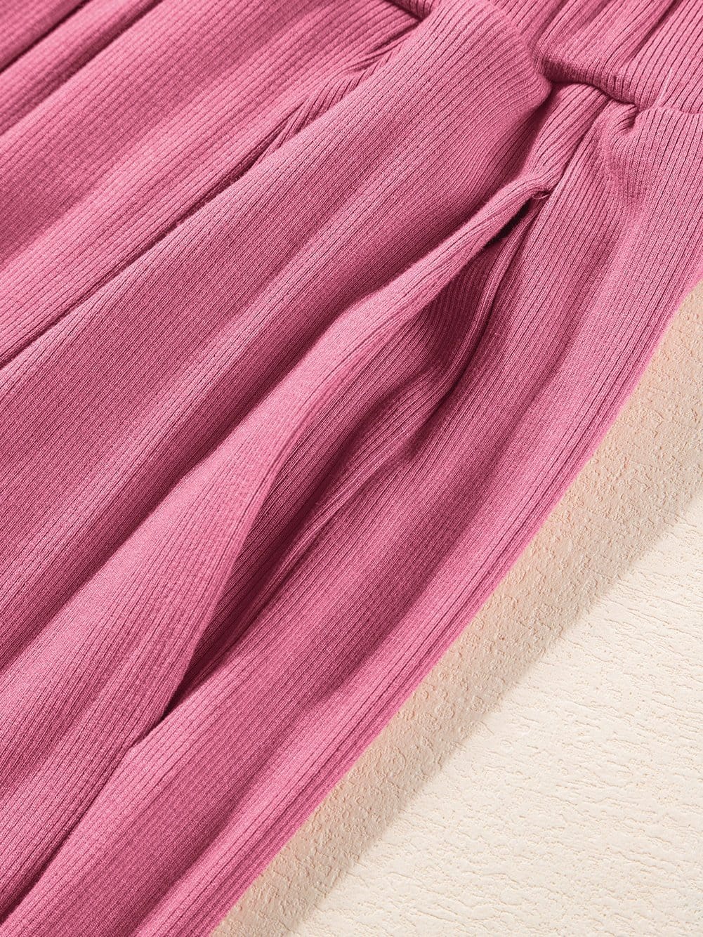 Pink Ribbed Sleeveless Crop Top and Wide Leg Pants Set