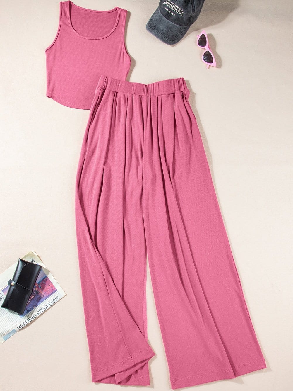 Pink Ribbed Sleeveless Crop Top and Wide Leg Pants Set