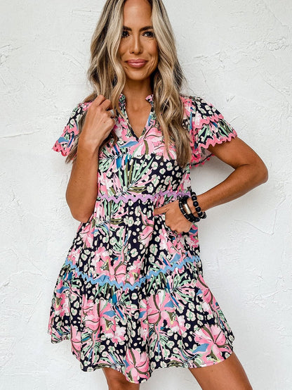 Pink Ruffle Sleeve Ricrac Embellished Floral Mini Dress