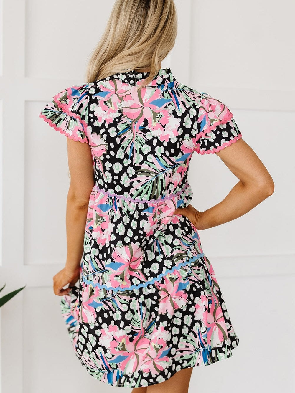 Pink Ruffle Sleeve Ricrac Embellished Floral Mini Dress