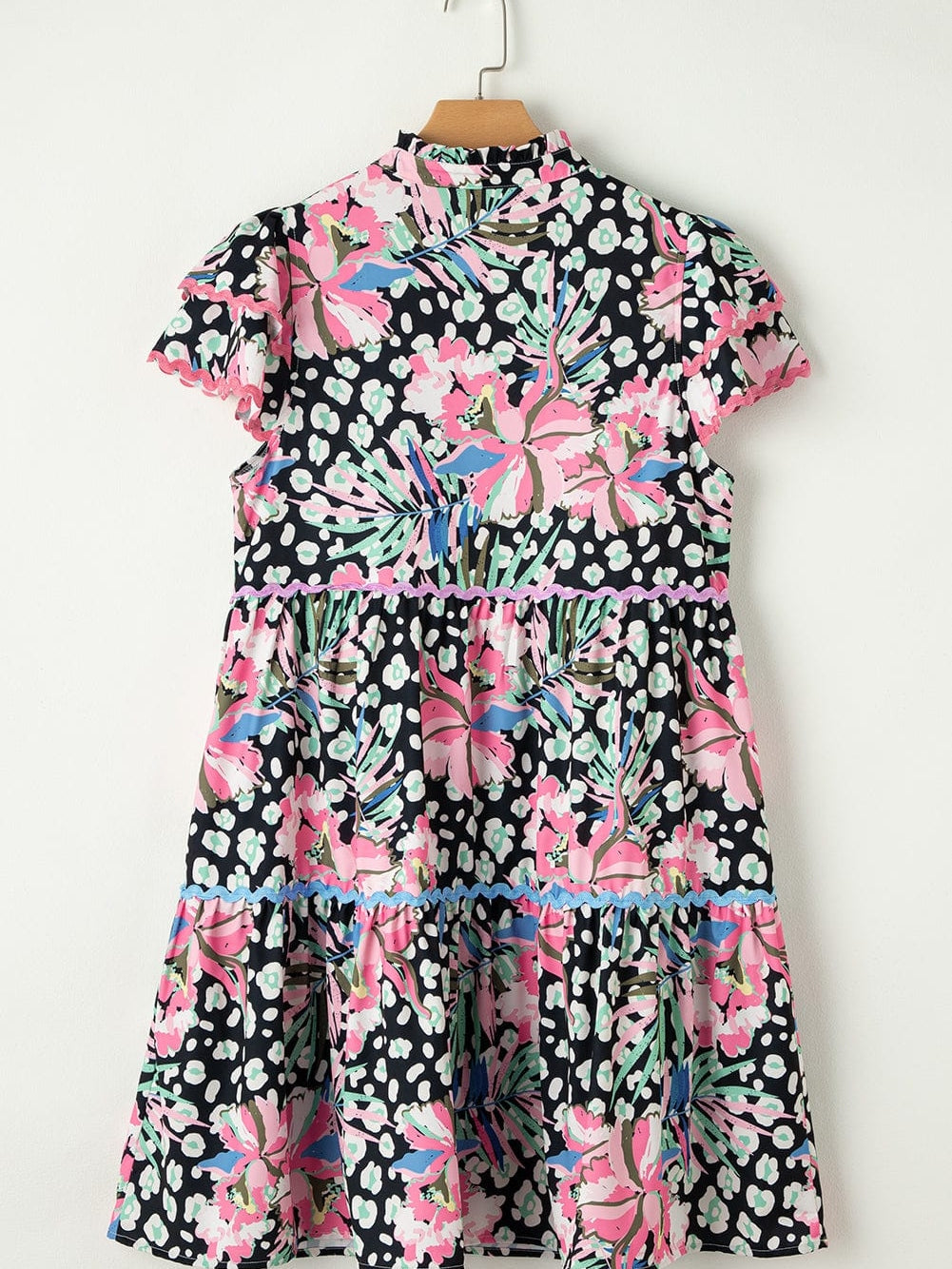 Pink Ruffle Sleeve Ricrac Embellished Floral Mini Dress