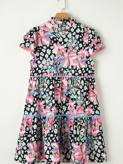 Pink Ruffle Sleeve Ricrac Embellished Floral Mini Dress