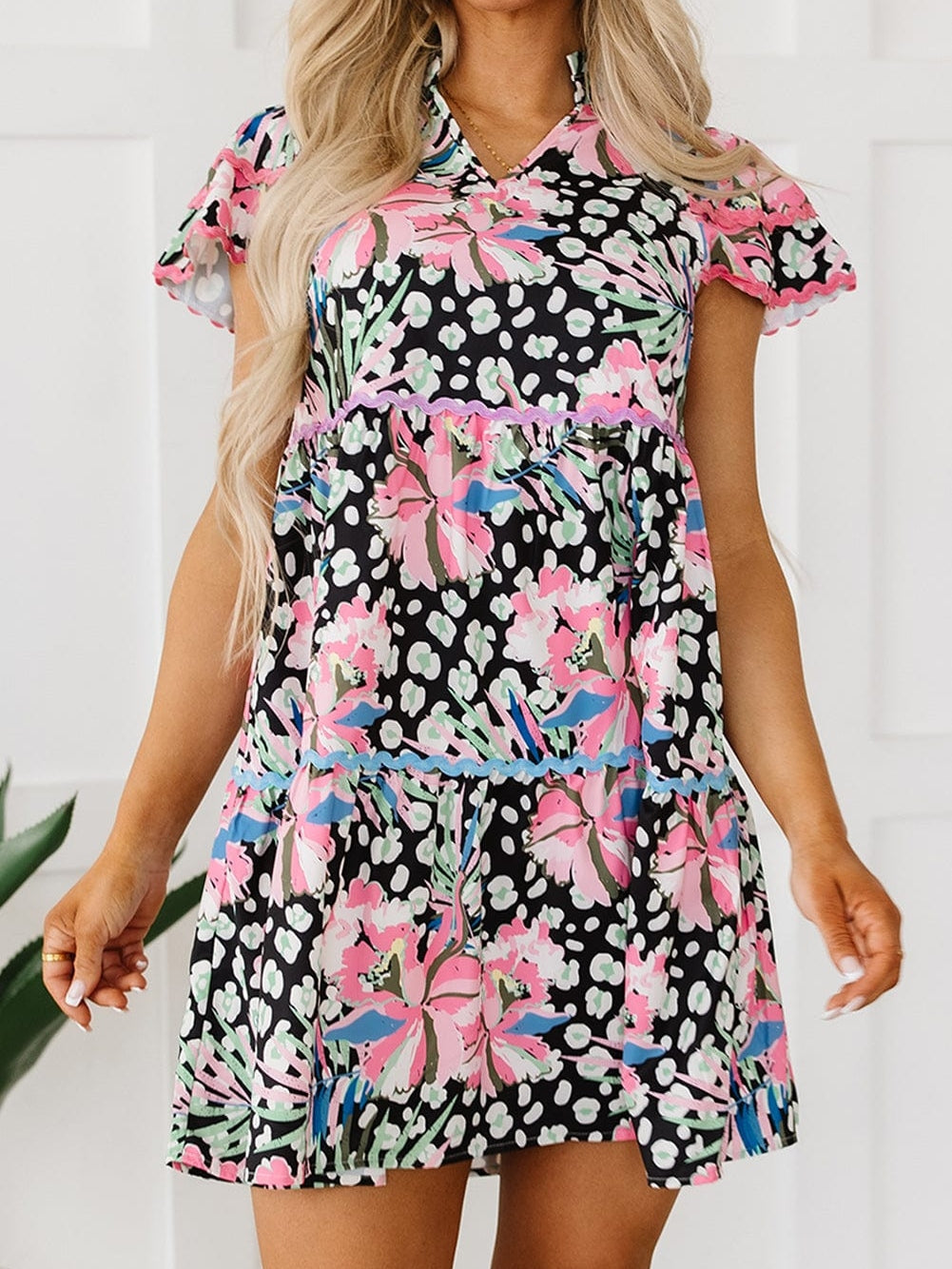Pink Ruffle Sleeve Ricrac Embellished Floral Mini Dress