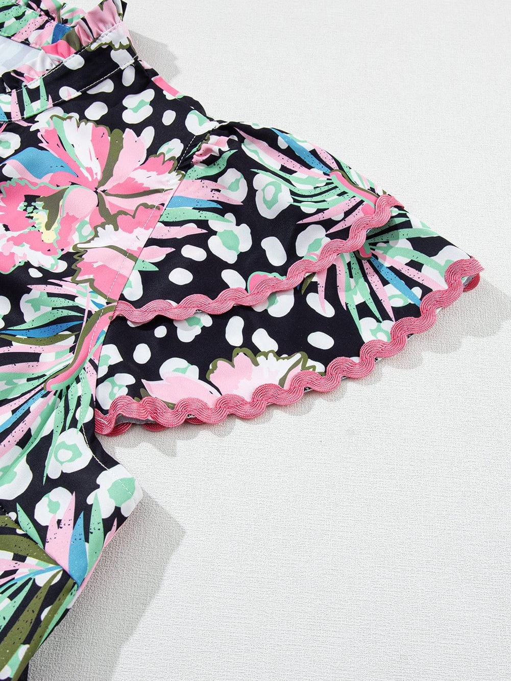 Pink Ruffle Sleeve Ricrac Embellished Floral Mini Dress