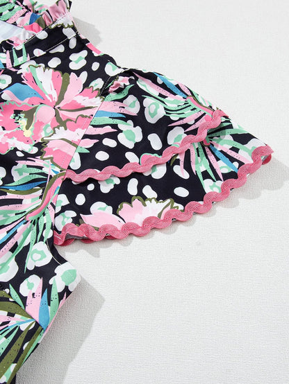 Pink Ruffle Sleeve Ricrac Embellished Floral Mini Dress