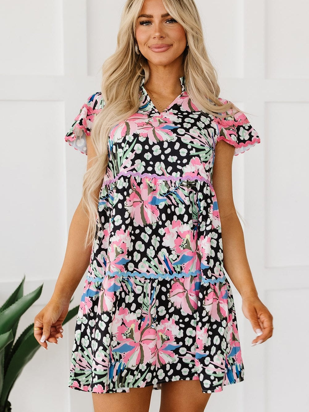 Pink Ruffle Sleeve Ricrac Embellished Floral Mini Dress