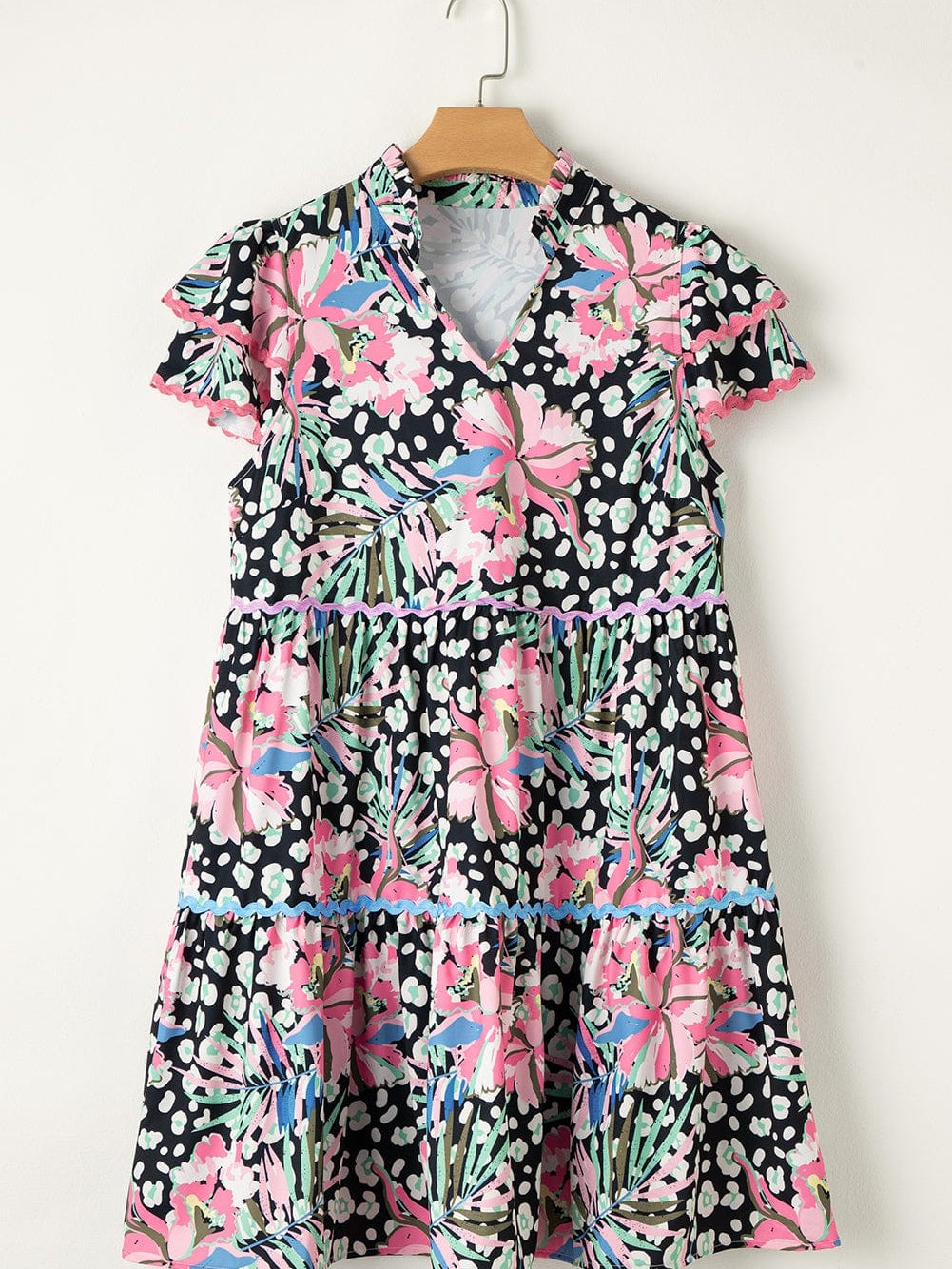 Pink Ruffle Sleeve Ricrac Embellished Floral Mini Dress