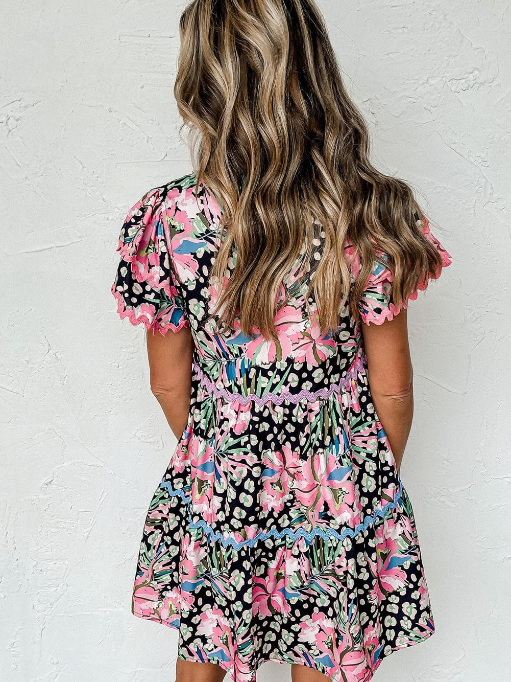 Pink Ruffle Sleeve Ricrac Embellished Floral Mini Dress