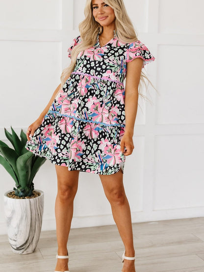 Pink Ruffle Sleeve Ricrac Embellished Floral Mini Dress