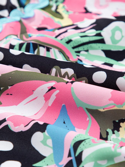 Pink Ruffle Sleeve Ricrac Embellished Floral Mini Dress