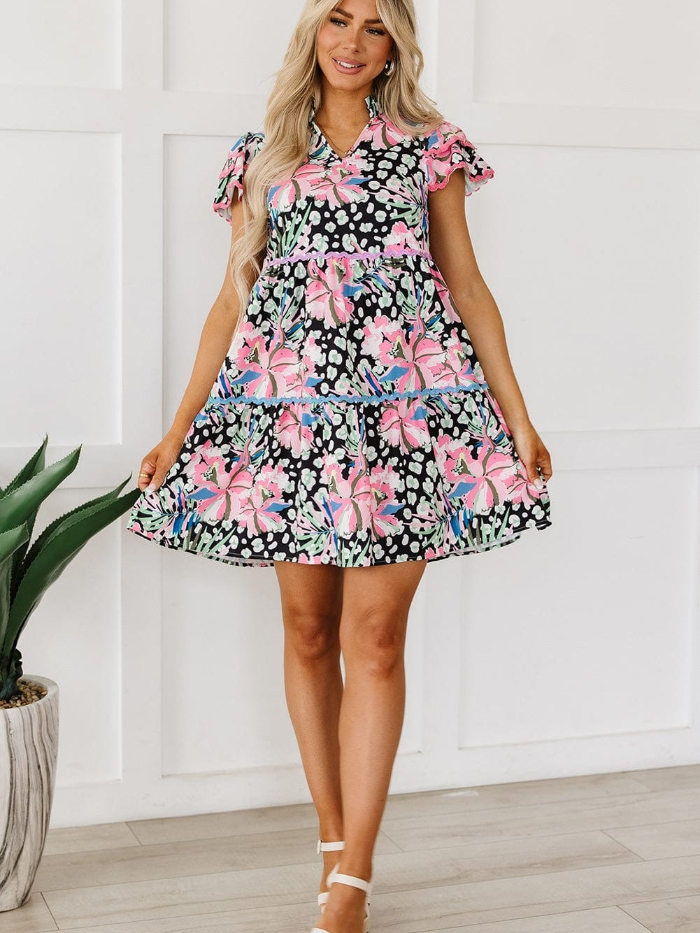 Pink Ruffle Sleeve Ricrac Embellished Floral Mini Dress