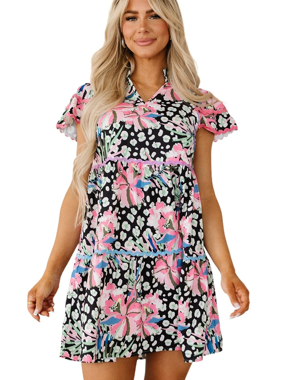 Pink Ruffle Sleeve Ricrac Embellished Floral Mini Dress
