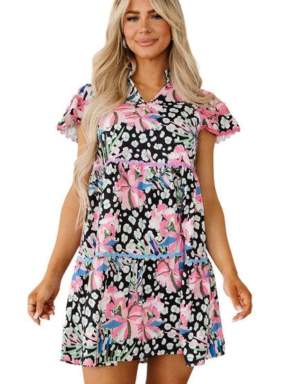 Pink Ruffle Sleeve Ricrac Embellished Floral Mini Dress