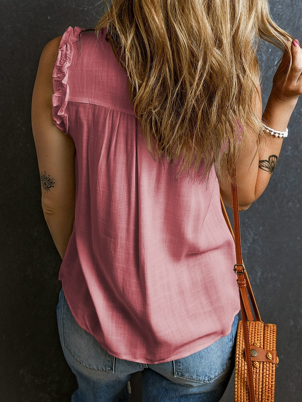 Pink Ruffle Trim V-Neck Sleeveless Tank Top with Button Detail