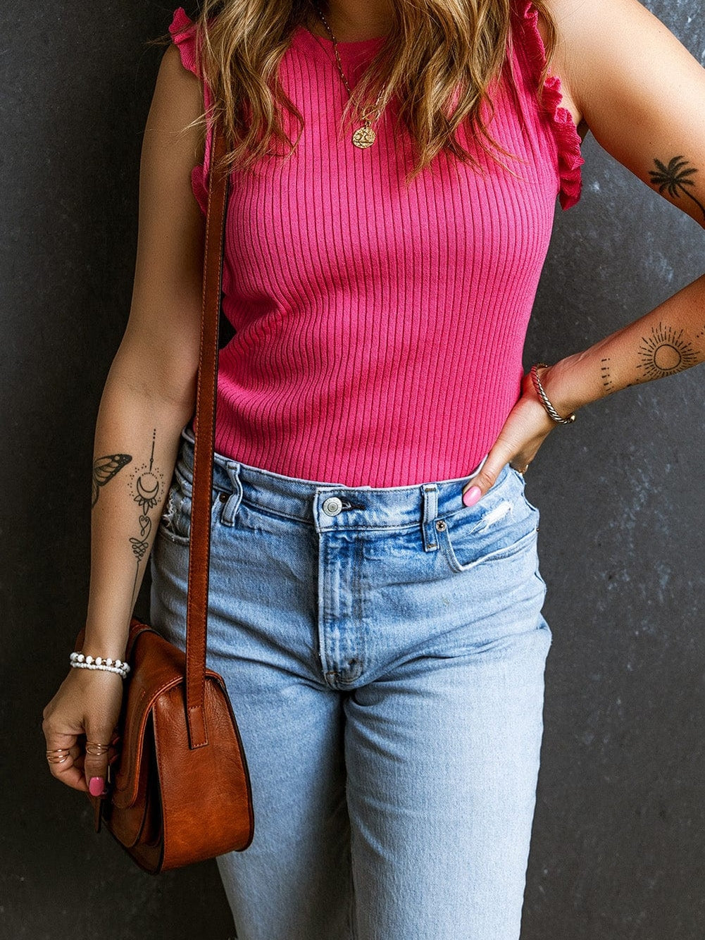 Pink Ruffled Ribbed Sleeveless Sweater Top