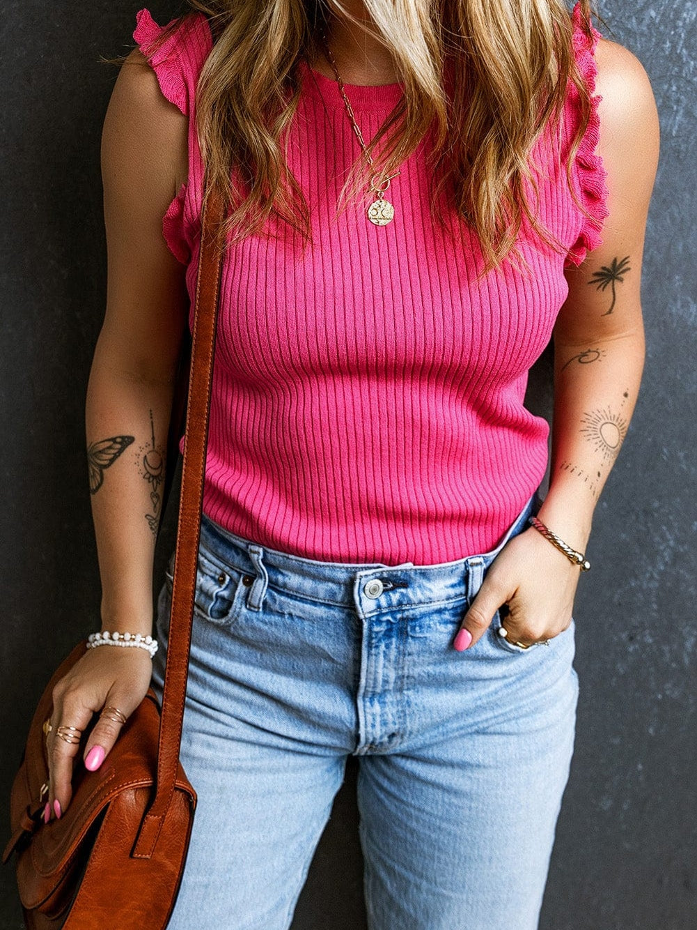 Pink Ruffled Ribbed Sleeveless Sweater Top
