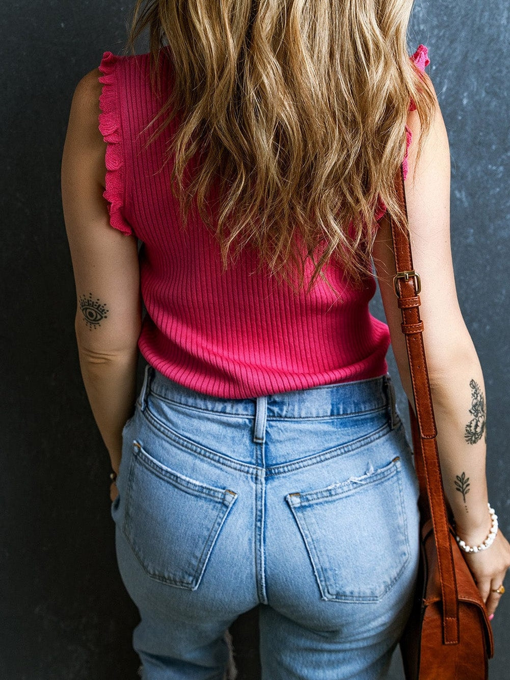 Pink Ruffled Ribbed Sleeveless Sweater Top