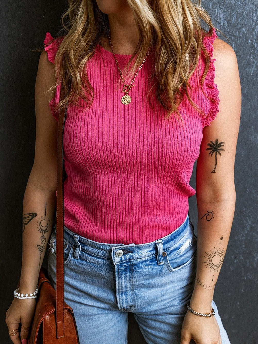 Pink Ruffled Ribbed Sleeveless Sweater Top