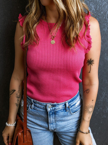 Pink Ruffled Ribbed Sleeveless Sweater Top