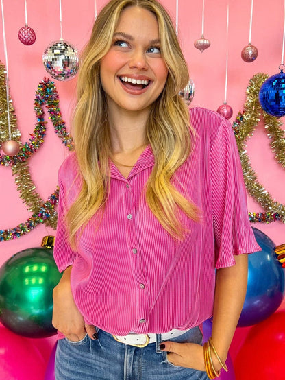 Pink Satin Pleated Short Sleeve Blouse