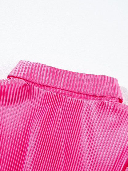 Pink Satin Pleated Short Sleeve Blouse