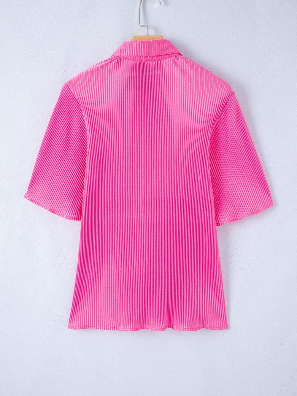 Pink Satin Pleated Short Sleeve Blouse