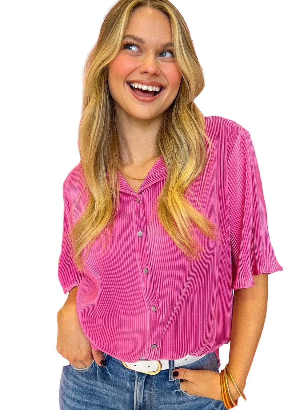 Pink Satin Pleated Short Sleeve Blouse