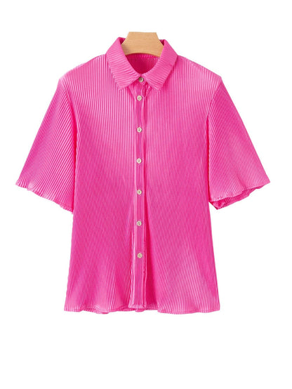Pink Satin Pleated Short Sleeve Blouse