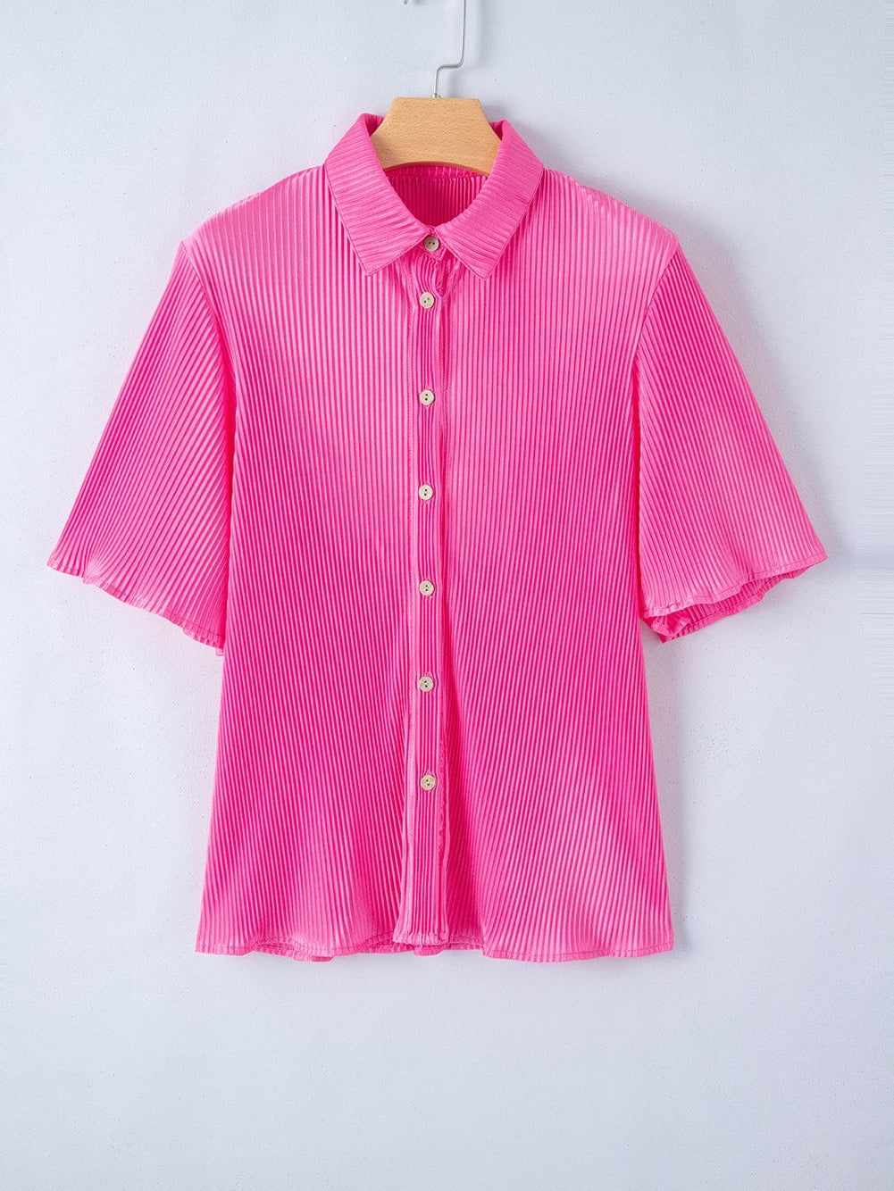 Pink Satin Pleated Short Sleeve Blouse