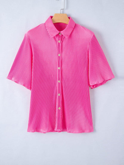 Pink Satin Pleated Short Sleeve Blouse