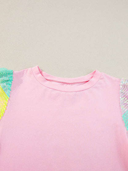 Pink Sequin Striped Puff Sleeve Colorblock Top for Women