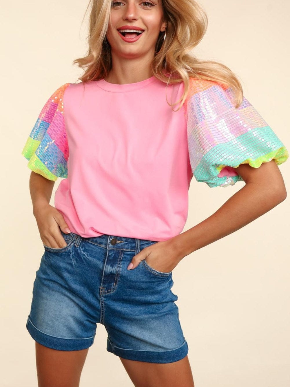 Pink Sequin Striped Puff Sleeve Colorblock Top for Women