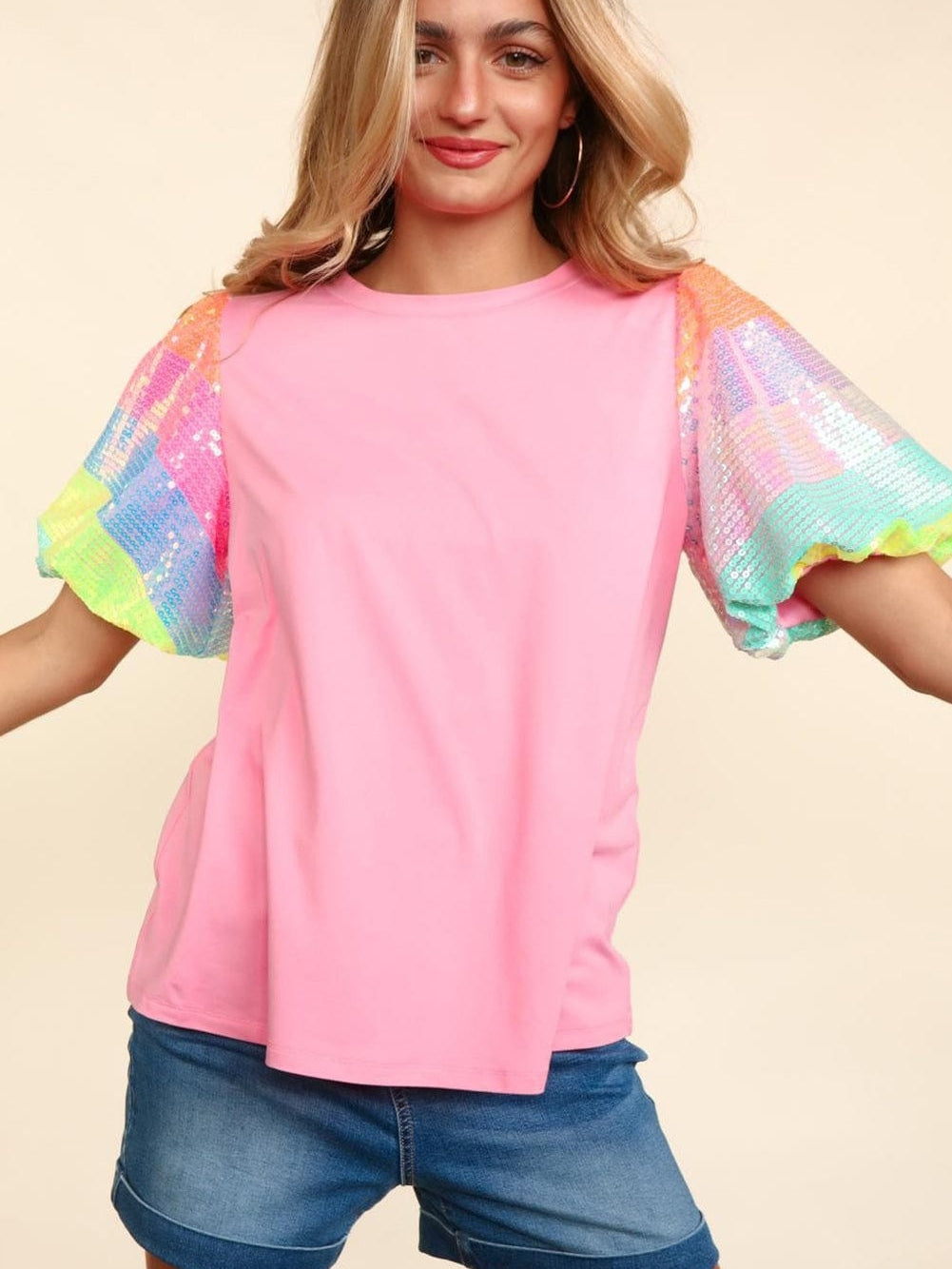 Pink Sequin Striped Puff Sleeve Colorblock Top for Women