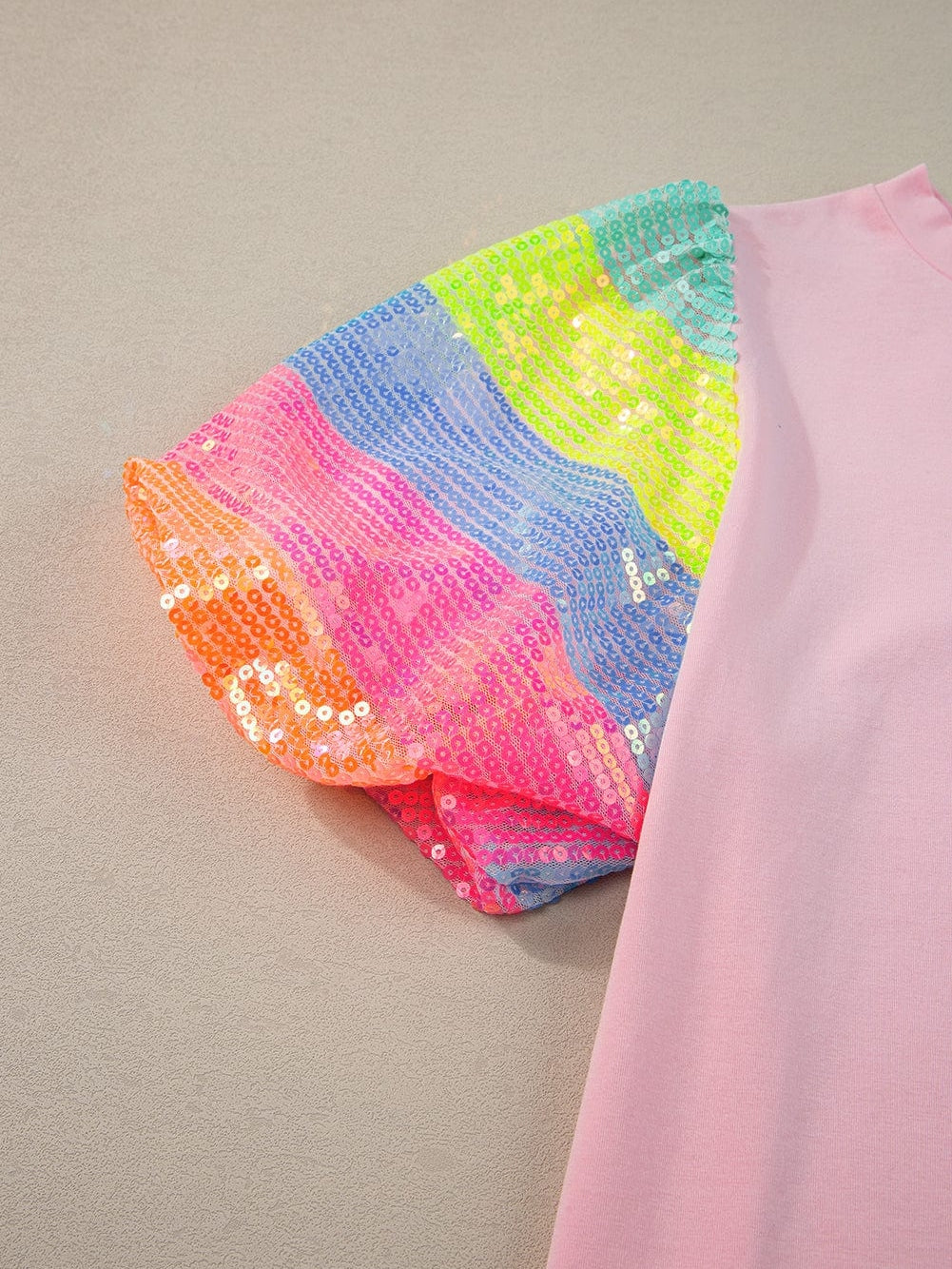 Pink Sequin Striped Puff Sleeve Colorblock Top for Women