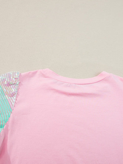 Pink Sequin Striped Puff Sleeve Colorblock Top for Women