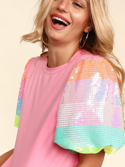 Pink Sequin Striped Puff Sleeve Colorblock Top for Women