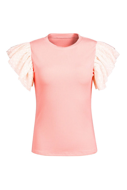 Pink Sheer Mesh Sleeve Ribbed Knit Top
